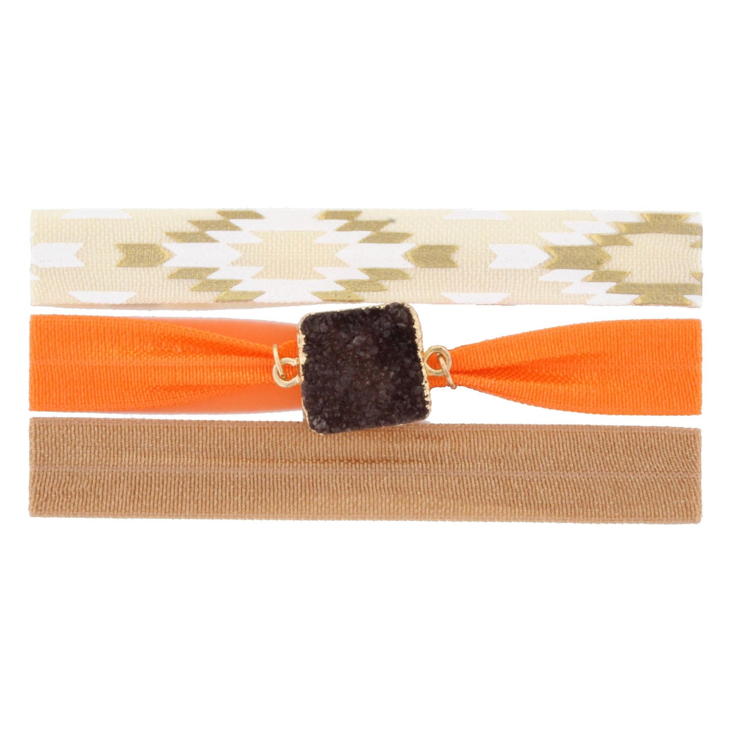 Three 8" Hair Ties - Tan, Orange with Brown Square Druzy and Cream Aztec Ties