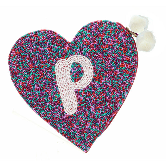 Teal, Red, Purple, Pink Seed Bead Zipper Pouch "P" Coin Purse