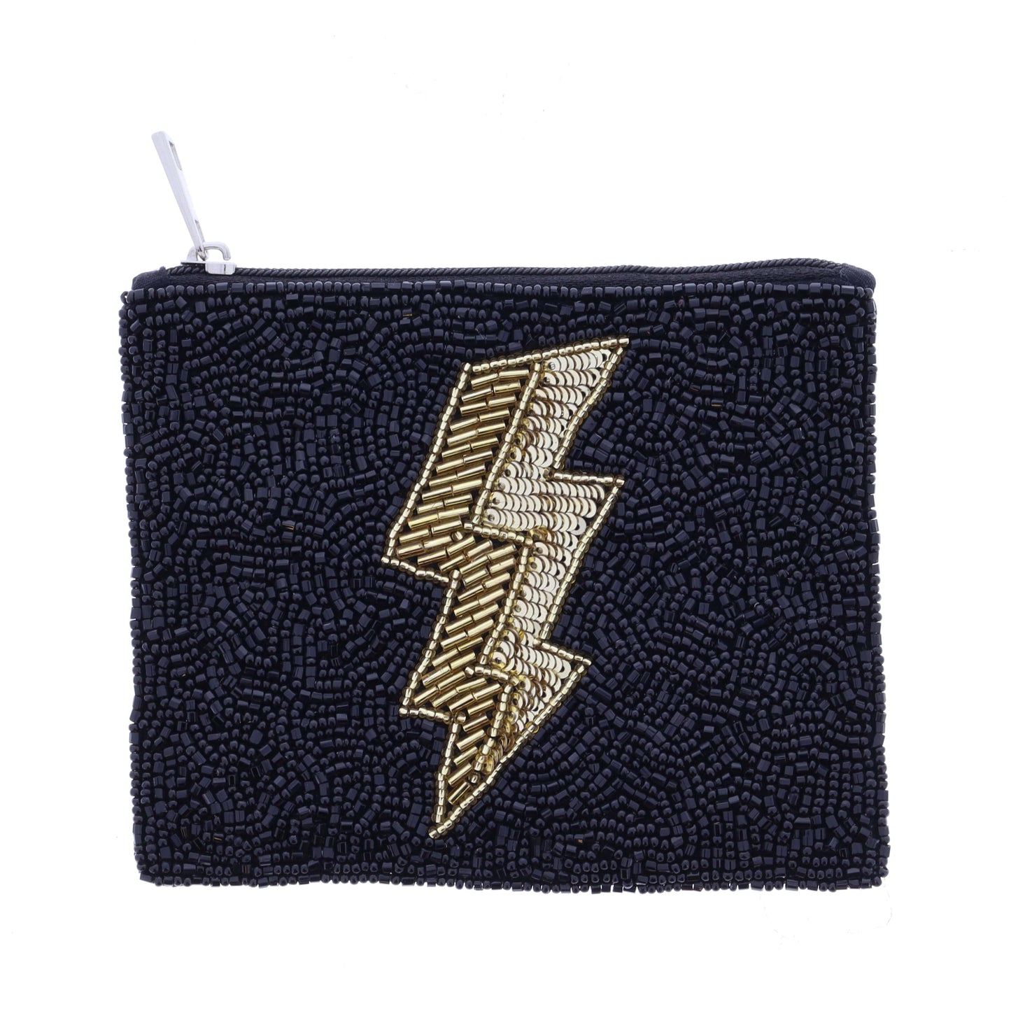 Black Beaded with Gold Lightning Bolt Coin Purse, 4" x 5"