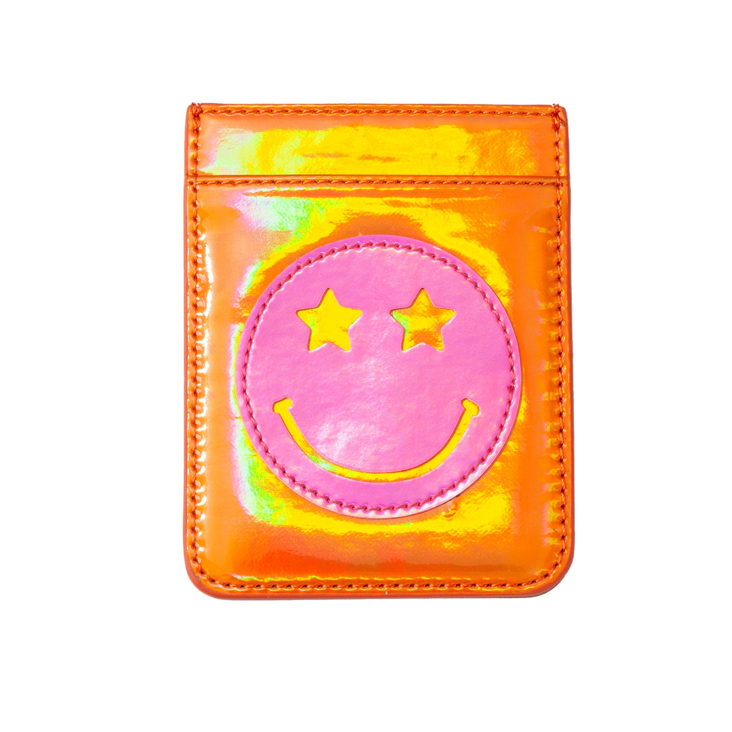 Iridescent Orange with Hot Pink Star Eye Happy Face Phone Wallet, 2.5" x 3.25"