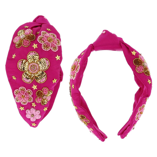 Multi Gold and Pink Beaded Flowers with Gold Star Sequins on Knotted Fuchsia Pink Headband