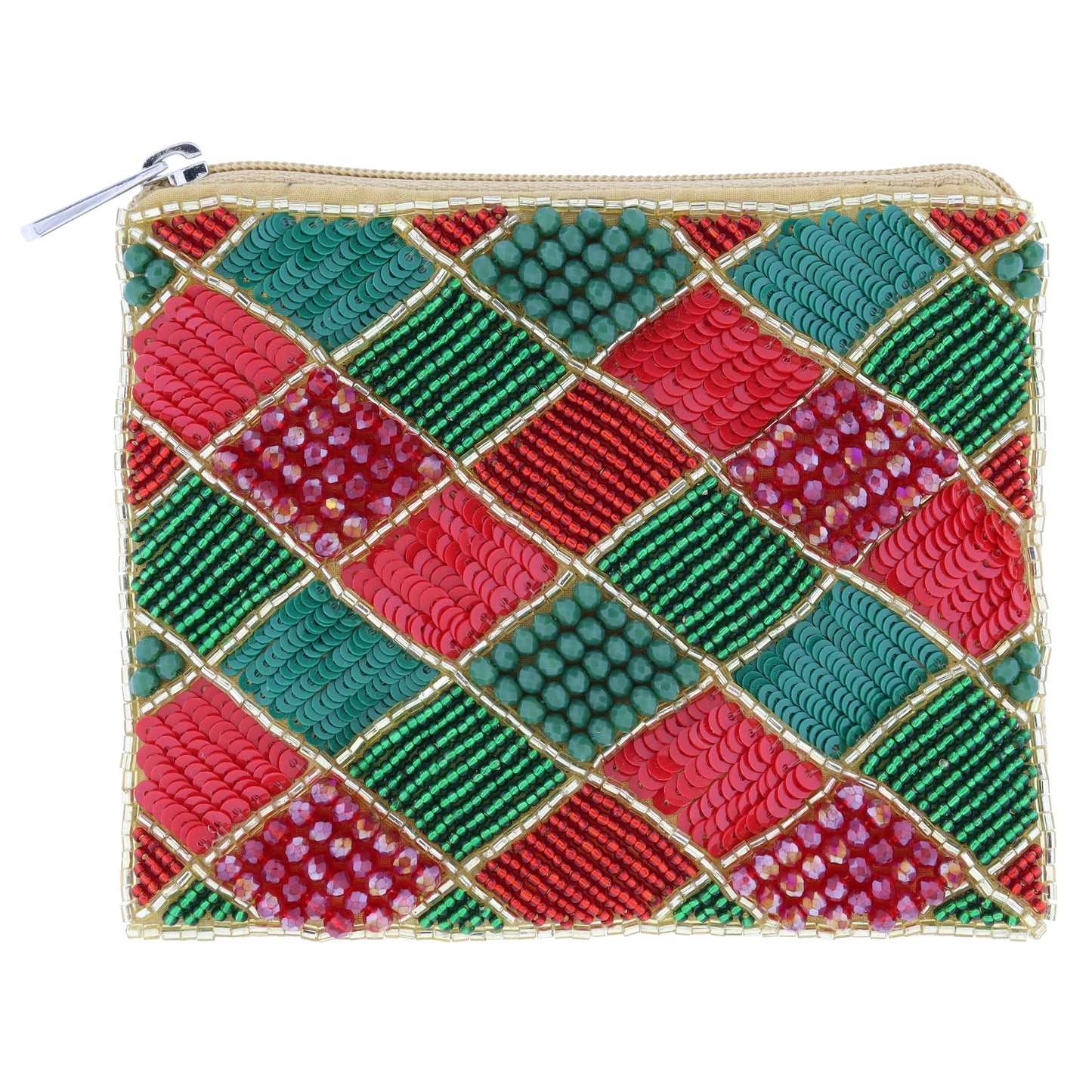 Red and Green Multi Beaded and Sequin Diamond Checkered Print with Gold Outline Coin Purse, 4" x 5"