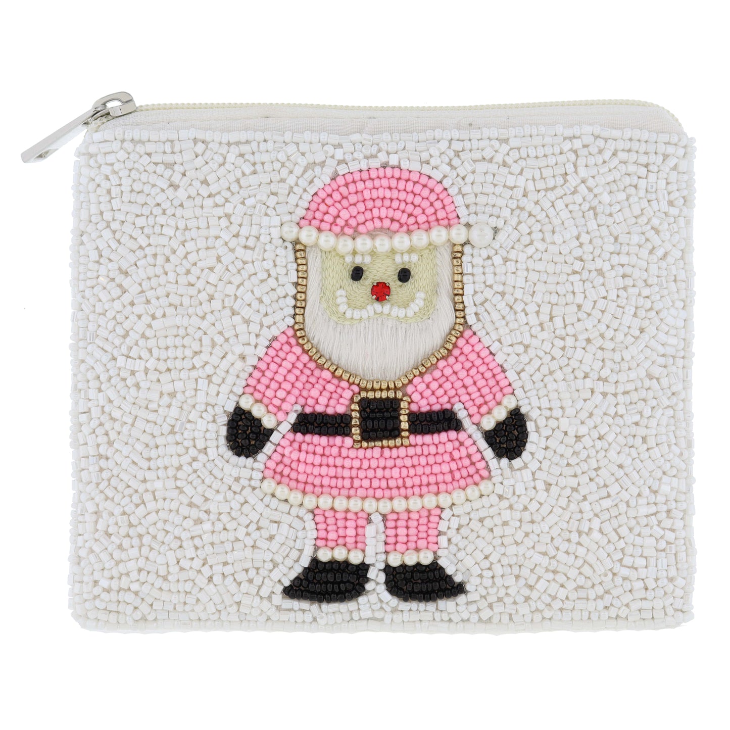 Beaded Pink Santa with Pearl Beaded Accents & Red Crystal Nose on White Beaded Coin Purse, 4" x 5"