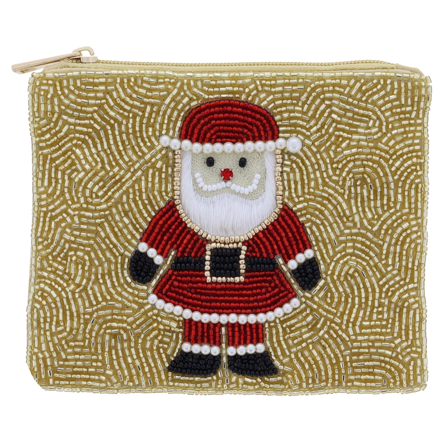 Beaded Red Santa with Pearl Beaded Accents and Red Crystal Nose on Gold Beaded Coin Purse, 4" x 5"