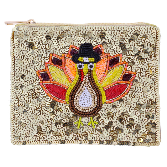 Gold Sequins with Multi Beaded Thanksgiving Turkey Coin Purse, 4" x 5"