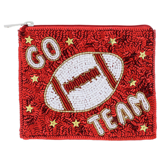 Red Sequins with Gold, White, Red Beaded "GO TEAM" & Football & Star Sequins Coin Purse, 4" x 5"