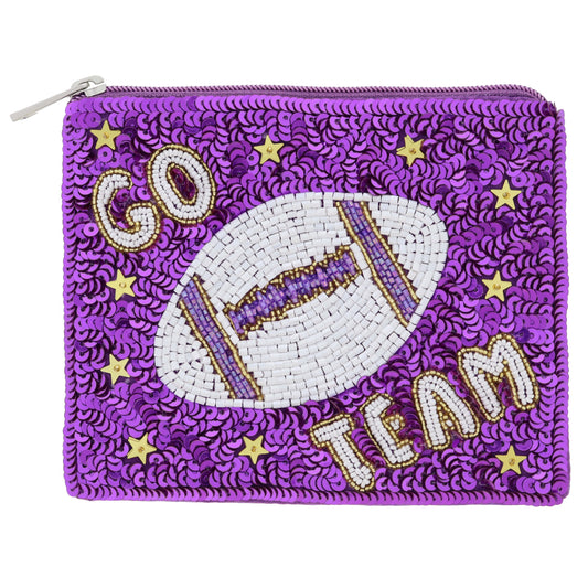 Purple Sequins with Gold, White, Purple Beaded "GO TEAM" & Football & Gold Star Sequins Coin Purse,