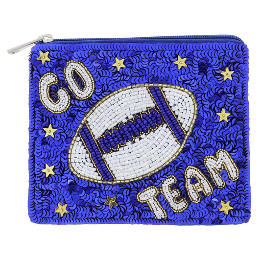 Royal Blue Sequins with Gold, White Beaded "GO TEAM" & Football & Star Sequins Coin Purse, 4" x 5"