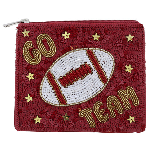 Crimson Sequins with Gold, White Beaded "GO TEAM" & Football & Star Sequins Coin Purse, 4" x 5"
