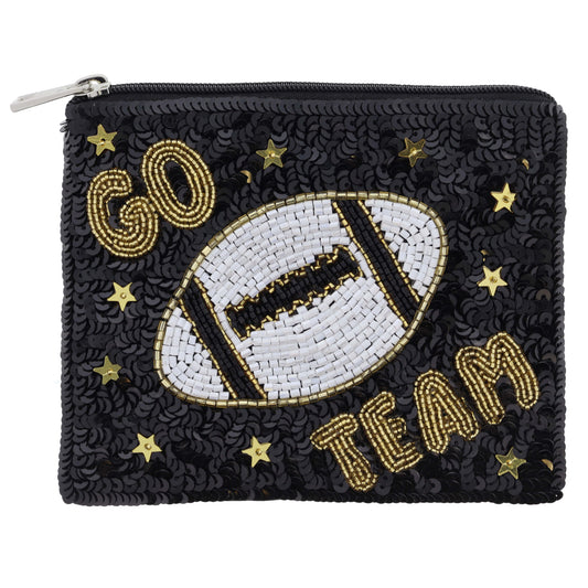 Black Sequins with Gold, White Beaded "GO TEAM" & Football & Gold Star Sequins Coin Purse, 4" x 5"