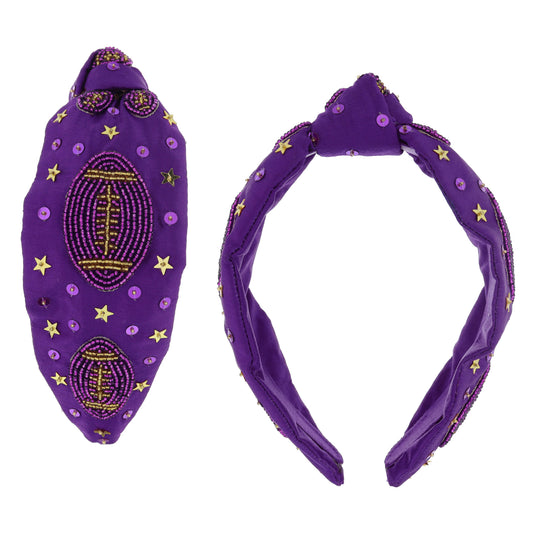 Gold Star and Purple Sequins with Purple and Gold Beaded Footballs on Knotted Purple Headband