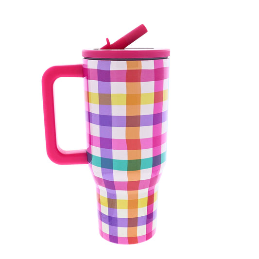Gingham 30 Oz. Tumbler With Flip Straw and Handle