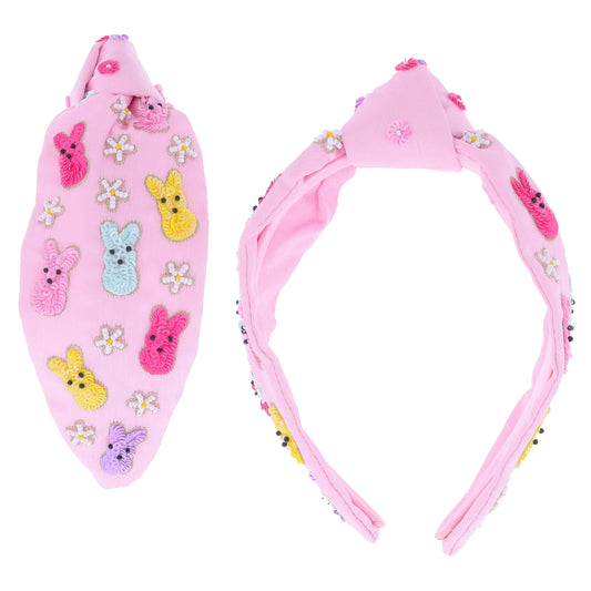 Multi Sequin Bunnies and Beaded Daisies on Pink Knotted Headband