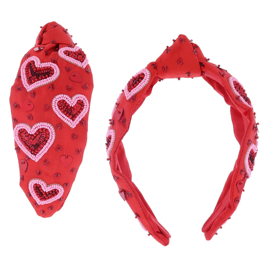 Pink and Red Beaded and Sequin Hearts with Red Heart Sequin Accents on Red Knotted Headband
