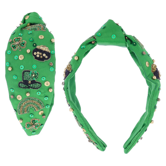 Green, Gold, Black Beaded and Sequin St. Patrick's Day Theme on Green Knotted Headband