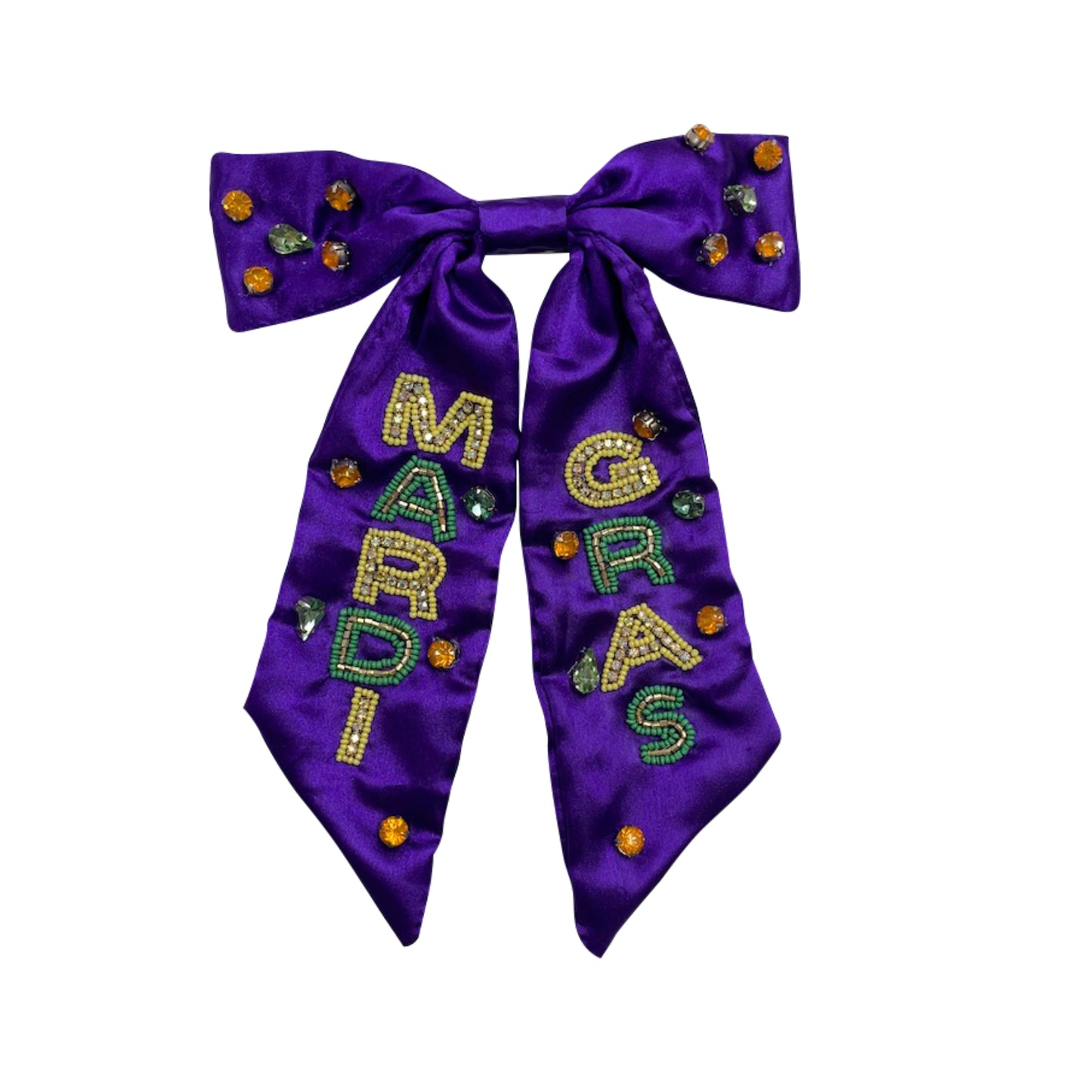 Purple Satin Hair Bow with Beaded "Mardi Gras"