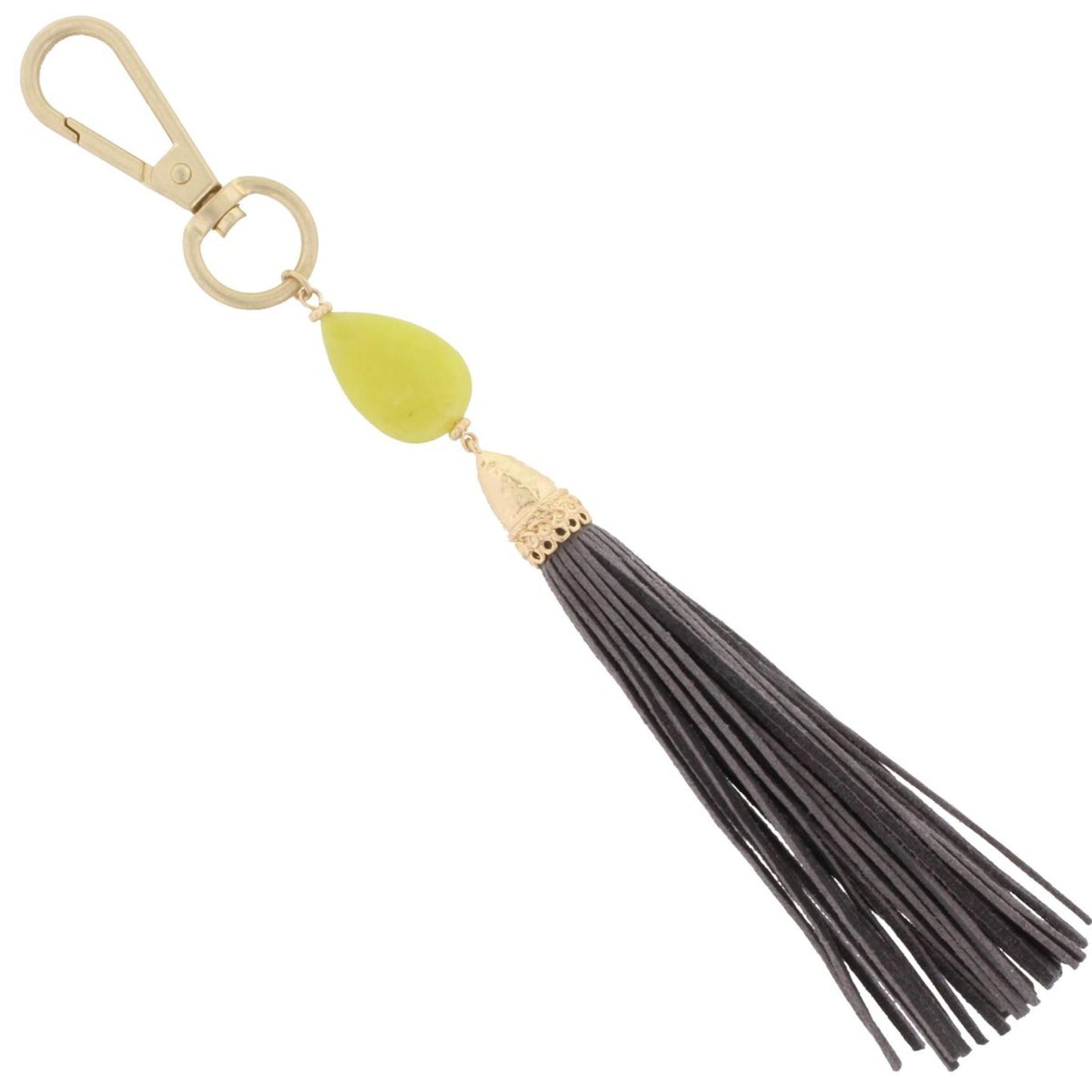 7" Lime Teardrop Stone with Grey Leather Tassel Keychain