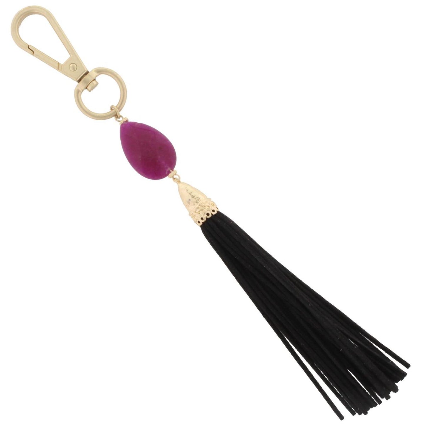 7" Magenta Stone with Black Leather Tassel Keychain