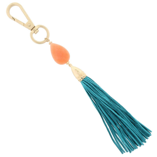 7" Peach Teardrop Stone with Teal Leather Tassel Keychain
