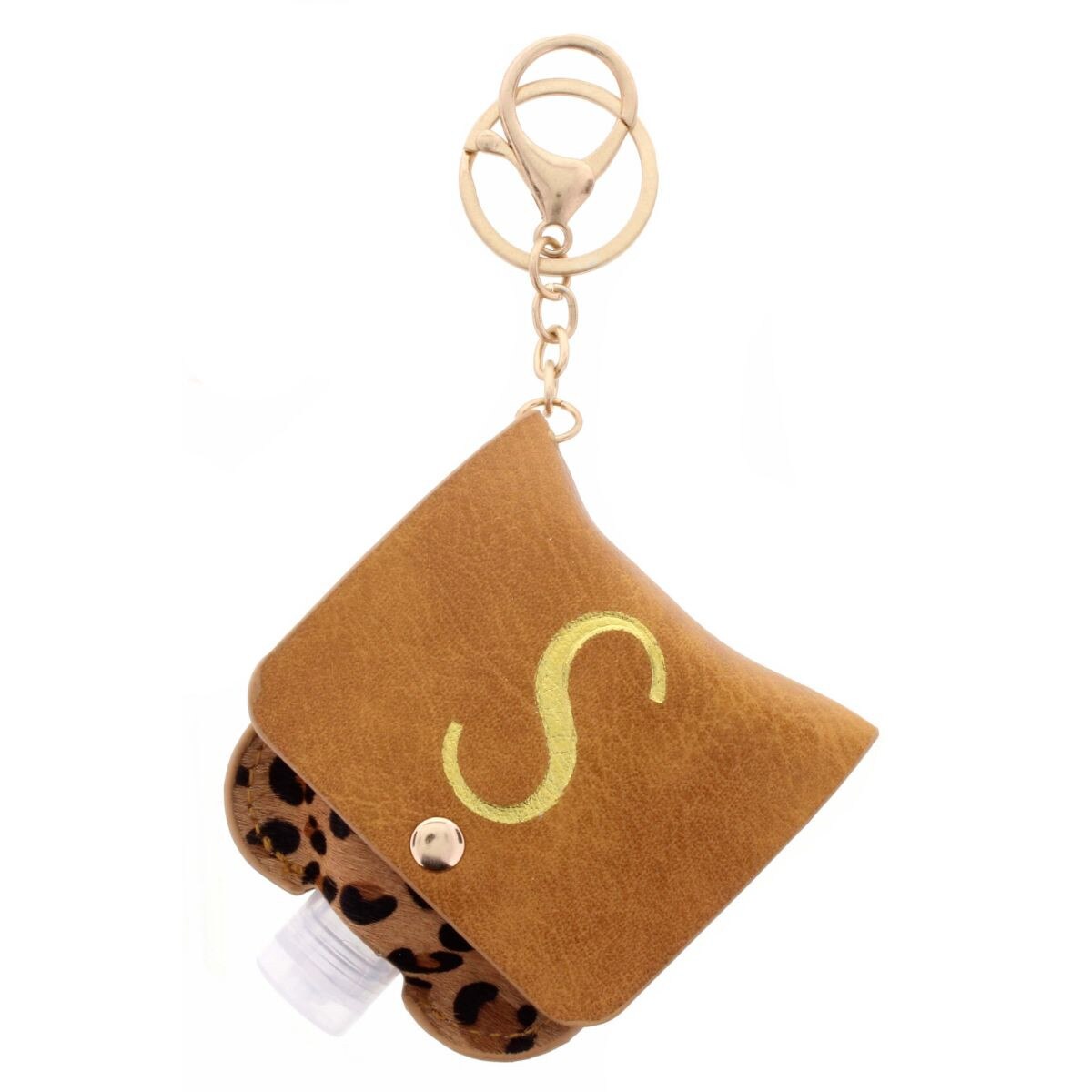 Gold "S" with Leopard Furon Hand Sanitizer Holder Keychain