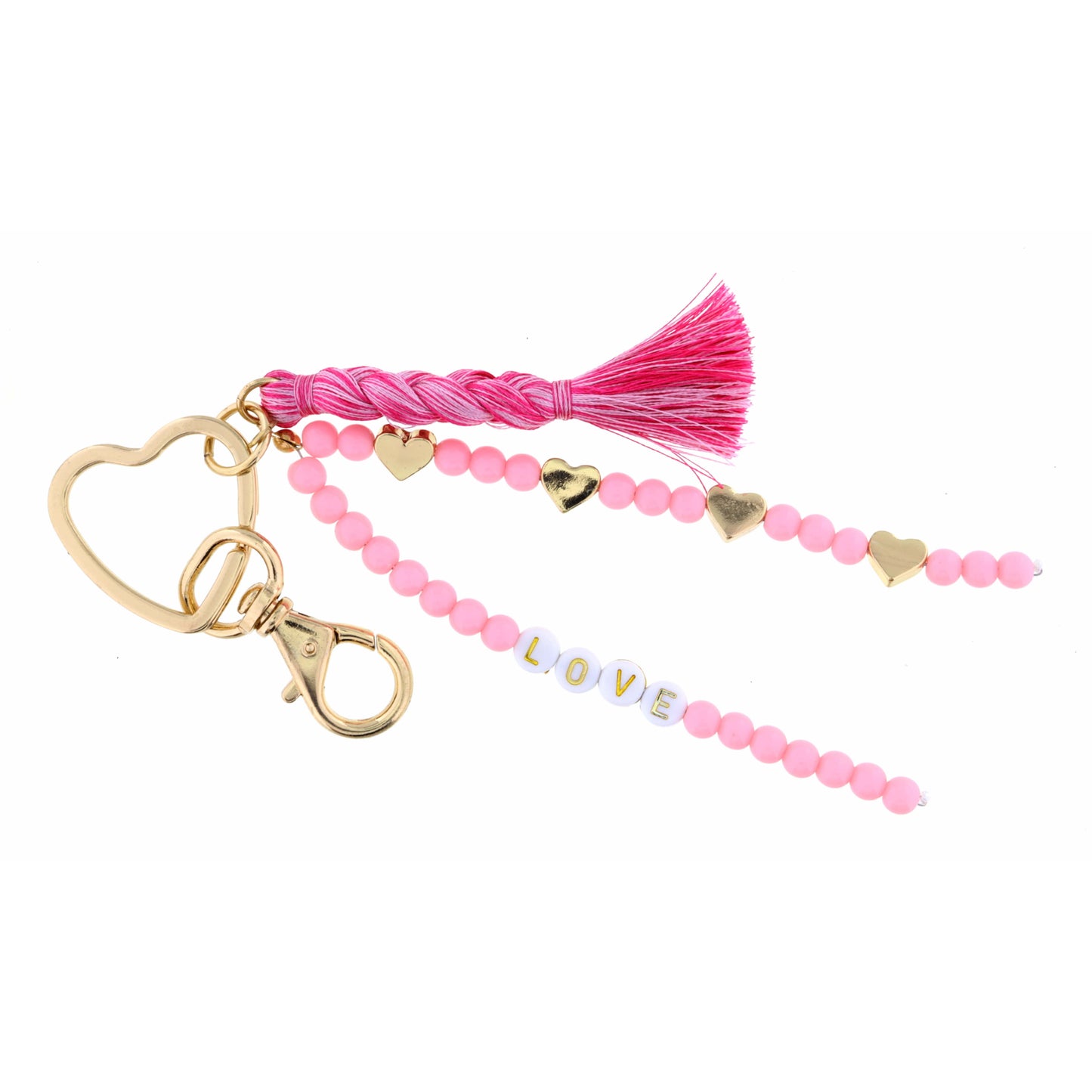 Kids Heart Key Ring, Pink Beaded Strands, " Love" Keychain