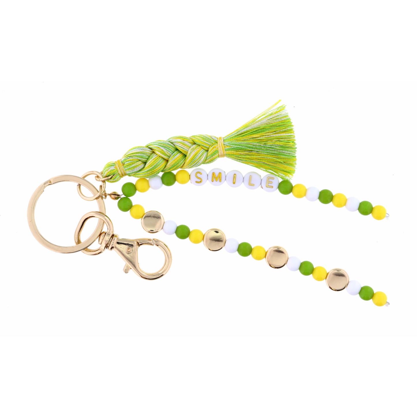 Kids Circle Key Ring, Green, Yellow, White Beaded Strands, "Smile" Keychain