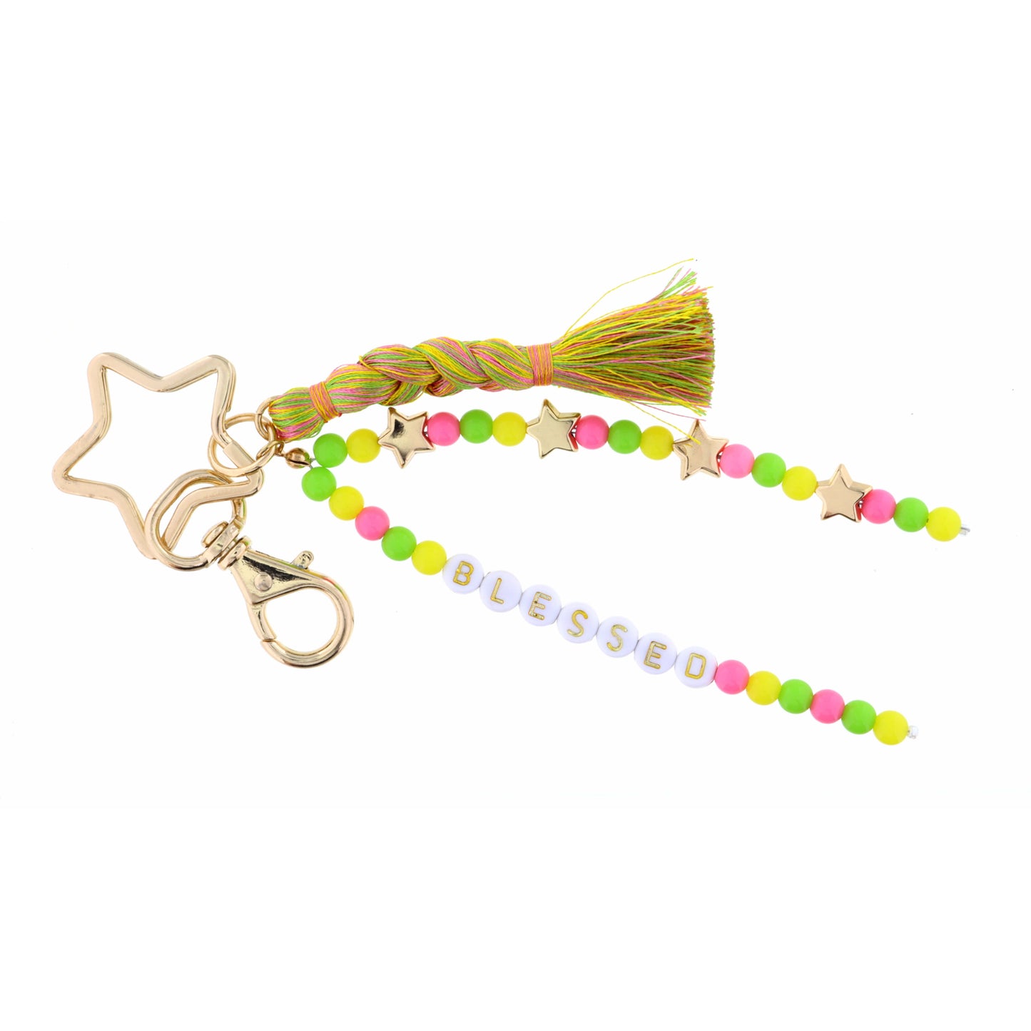 Kids Star Key Ring, Yellow, Pink, Green Beaded Strands, "Blessed" Keychain