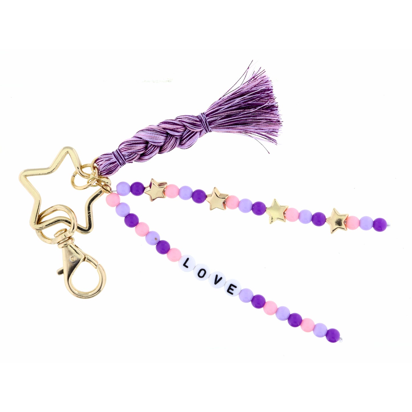 Kids Star Key Ring, Pink, Purple Beaded Strands, "Love" Keychain