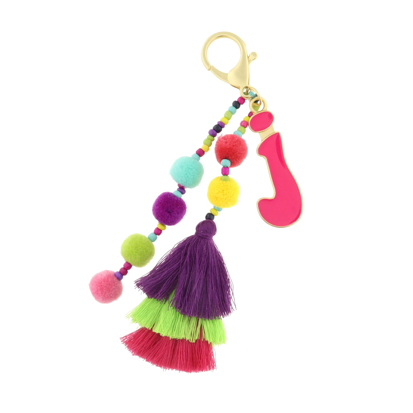 Enamel Pink "J" with Multi Beaded Strands, Poms, Stacked Tassel Keychain