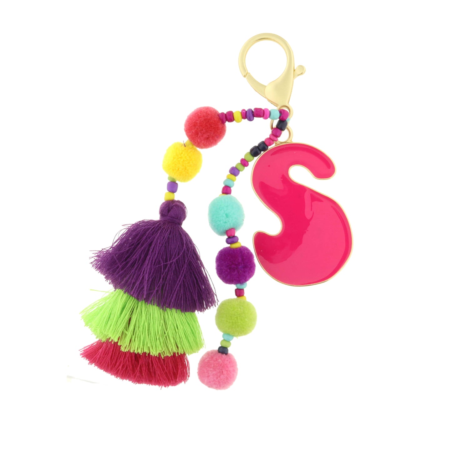 Enamel Pink "S" with Multi Beaded Strands, Poms, Stacked Tassel Keychain