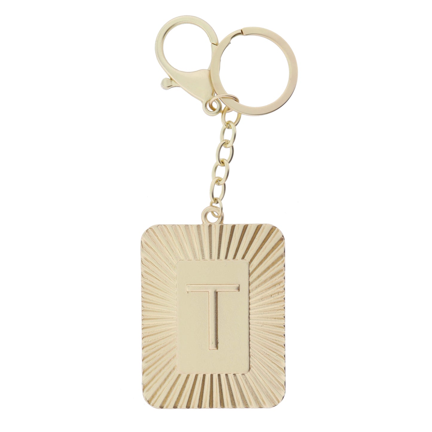 Gold Sunburst Textured Rectangle with "T" Initial Center Plate Keychain