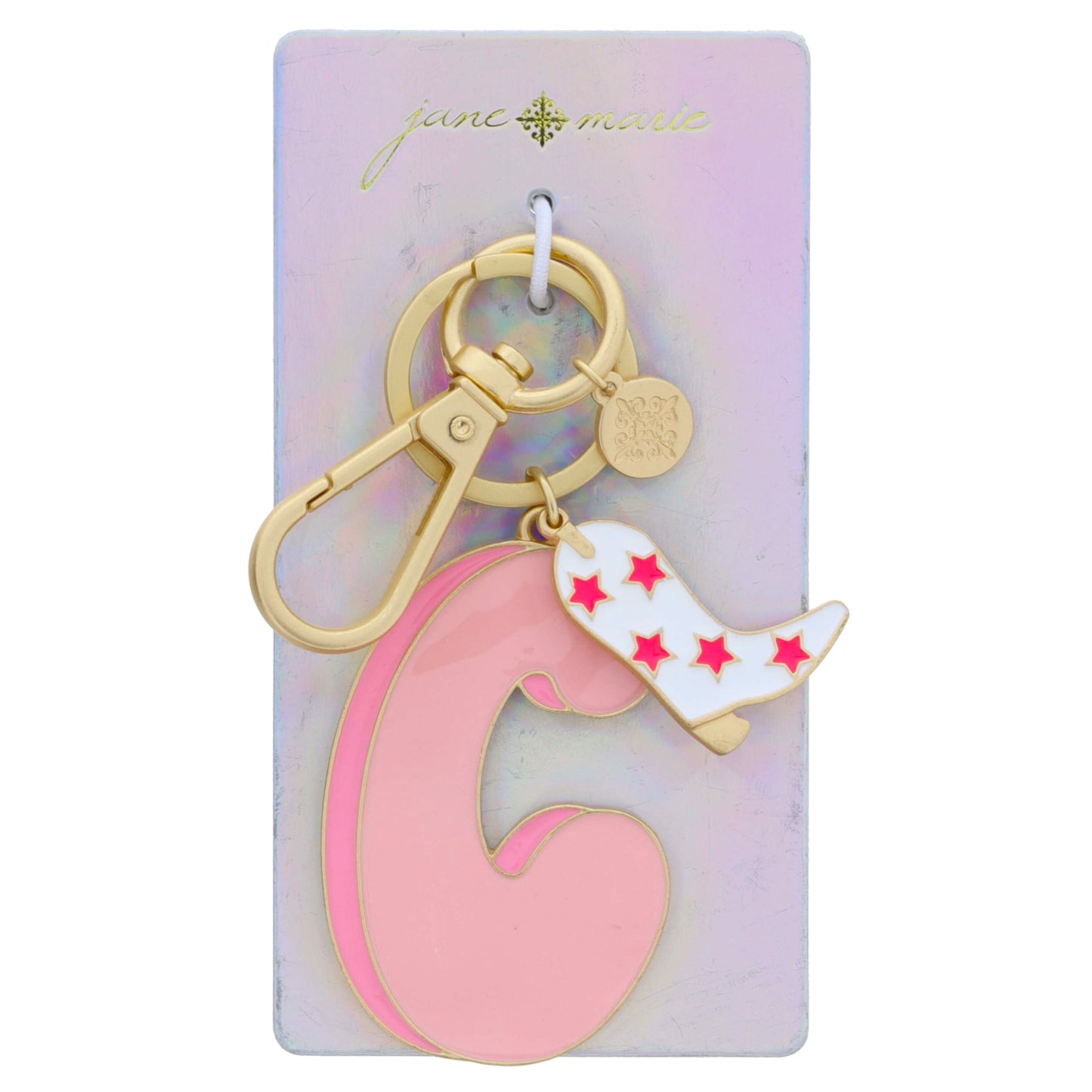 Multi Pink Enamel Retro Bubble "C" with Enamel Hot Pink Star Boot Charm Keychain, 2", 1.15" Top to Bottom