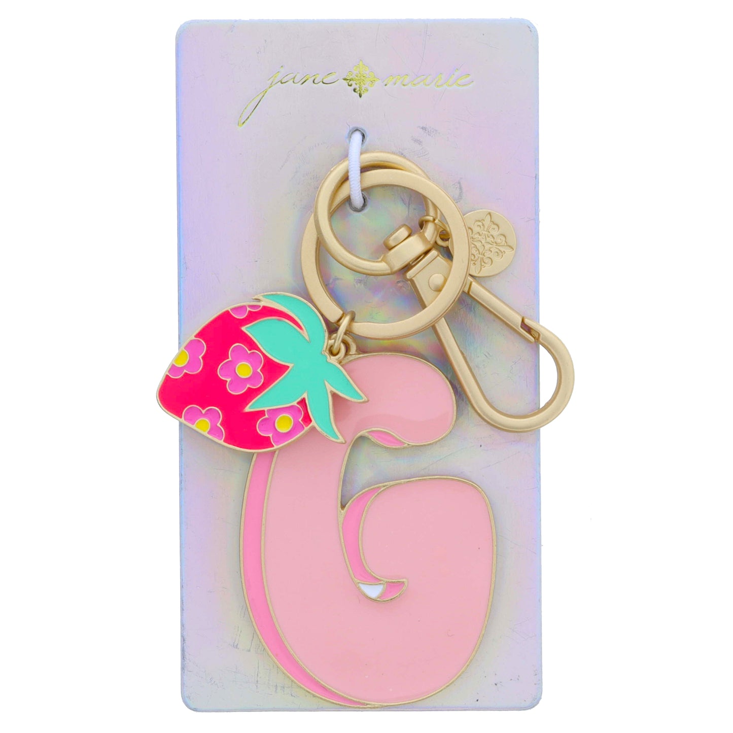Multi Pink Enamel Retro Bubble "G" with Multi Enamel Floral Strawberry Charm Keychain, 2", 1.25" Top to Bottom