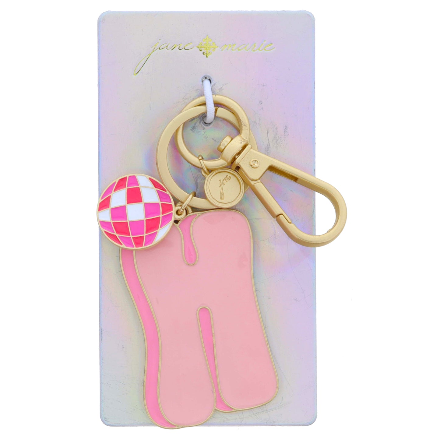 Multi Pink Enamel Retro Bubble "H" with Multi Pinks Enamel Disco Ball Charm Keychain, 2", .75" Top to Bottom