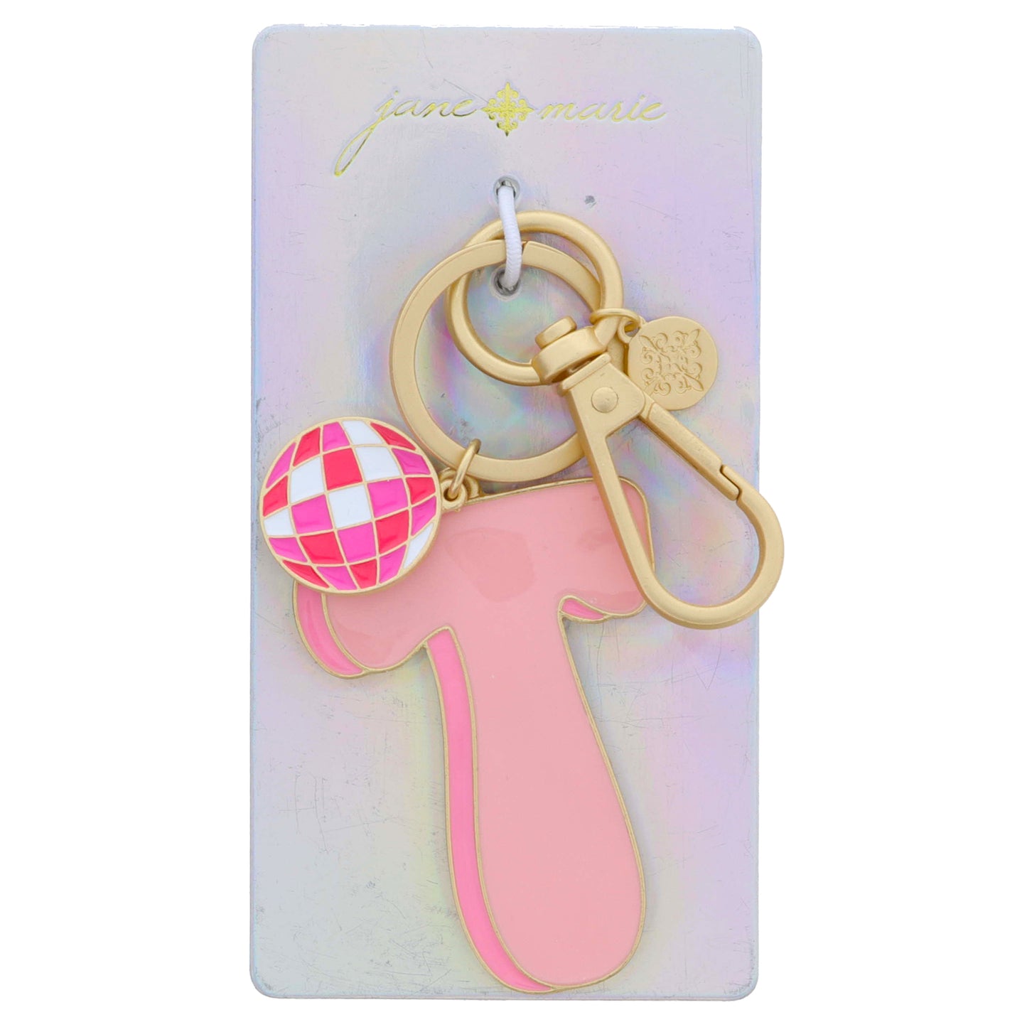 Multi Pink Enamel Retro Bubble "T" with Multi Pinks Enamel Disco Ball Charm Keychain, 2", .75" Top to Bottom