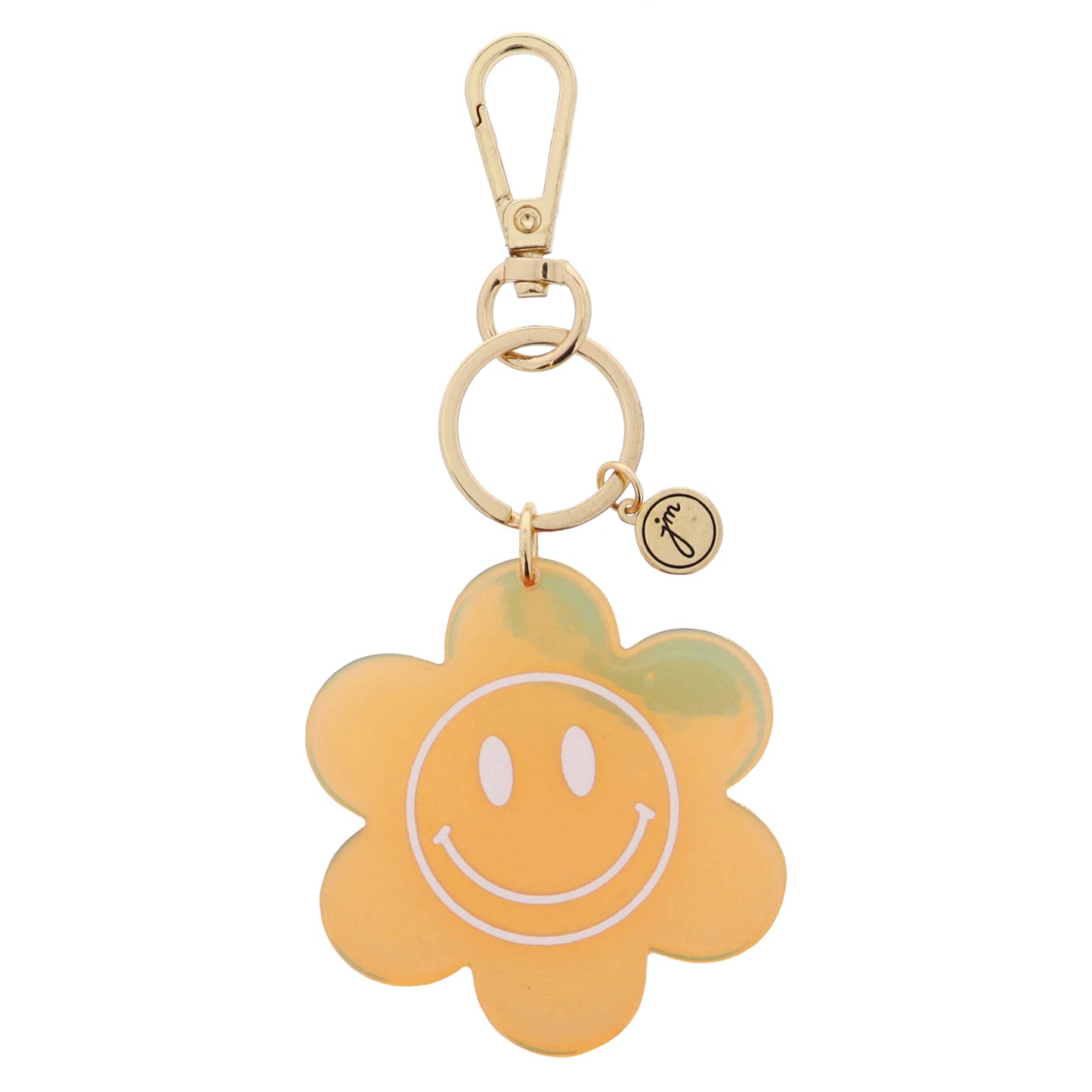 Peachy Iridescent Acrylic White Happy Face Flower Keychain, 2.5" Top to Bottom