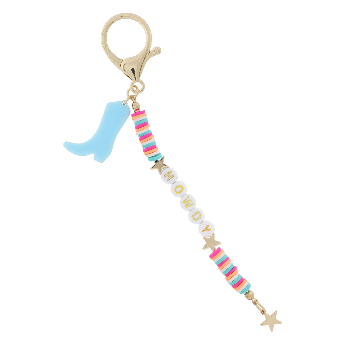 Multi Rubber Sequin with "HOWDY" and Gold Stars, Aqua Cowgirl Boot Keychain