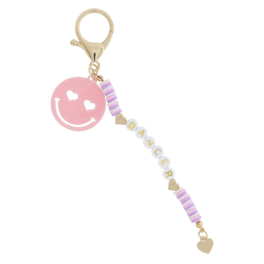 Multi Light Pink & Lavender with "DANCER" & Gold Hearts, Light Pink Heart Eyed Happy Face Keychain