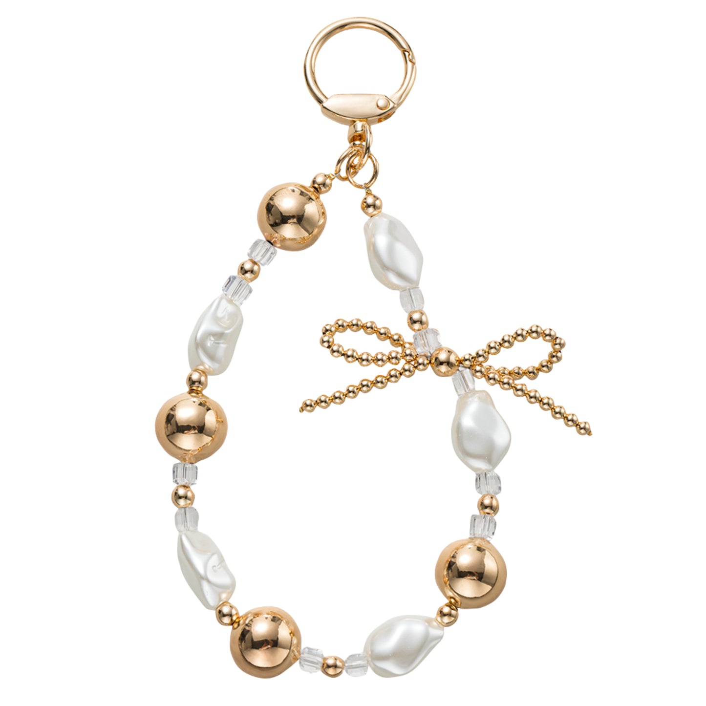 Gold, Clear, Pearl Beaded Loop Keychain with Gold Bow