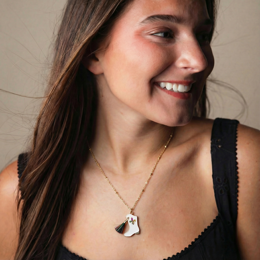 Mardi Gras Gold Chain Necklace with White Boot Tassel - Festive Carnival Jewelry