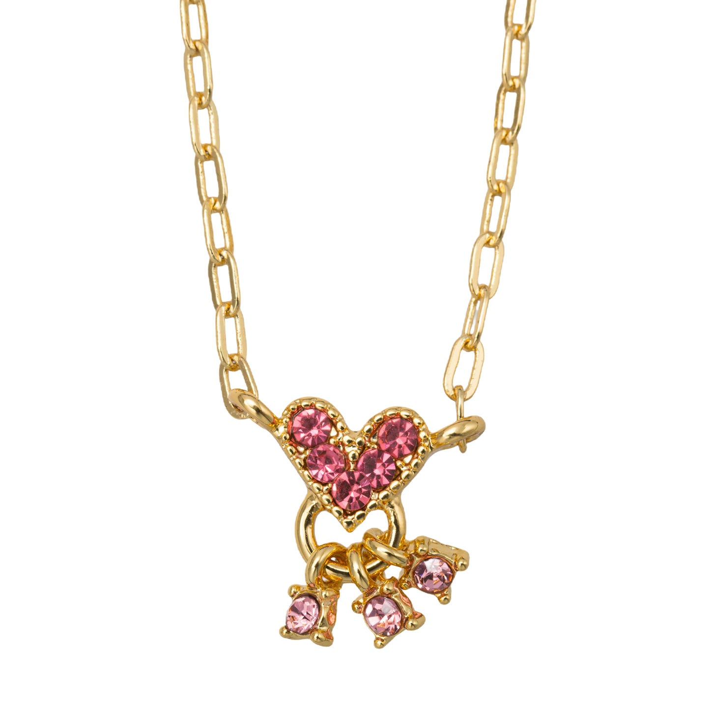 Kids 18K Gold Plated Flat Chain Necklace with Pink Crystal Heart, Pink Charms