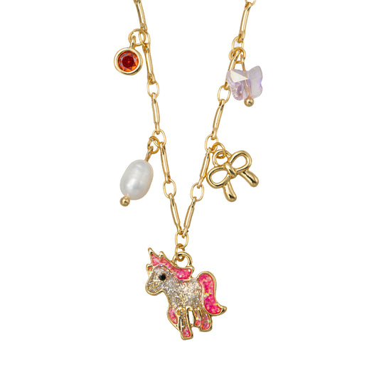 Kids 18K Gold Plated Paper Clip Chain Necklace with Unicorn & Pink, Pearl, Bow, Butterfly Charms