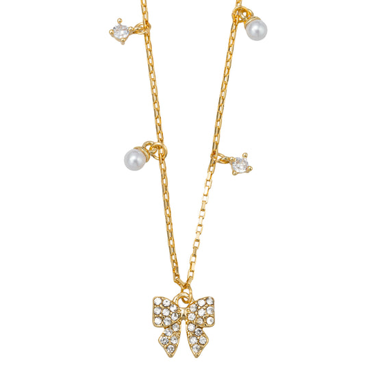 Kids 18K Gold Plated Long Box Chain Necklace with Crystal Bow with Pearls & Crystals