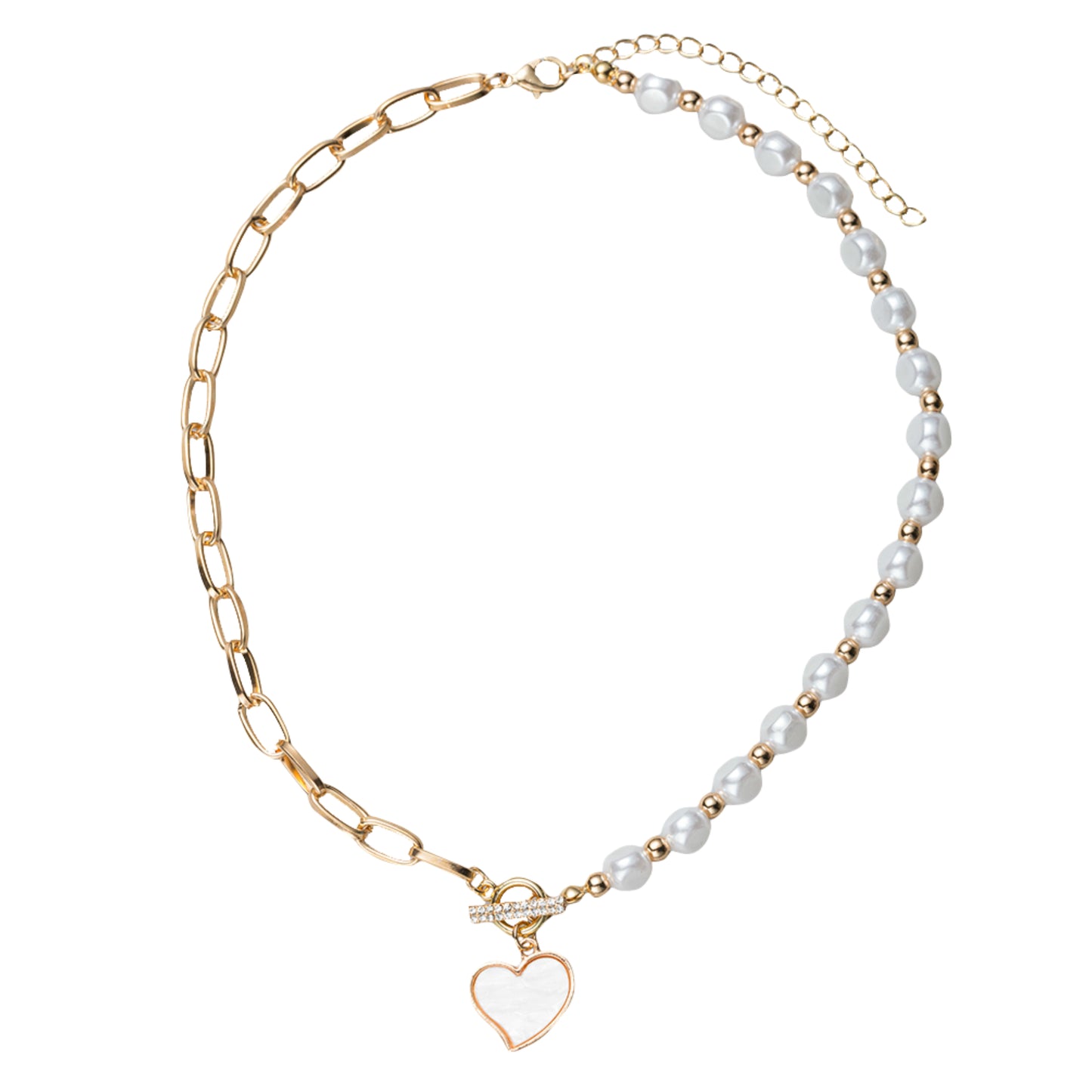 Pearl, Gold Chain, Beaded Necklace with Shell Heart