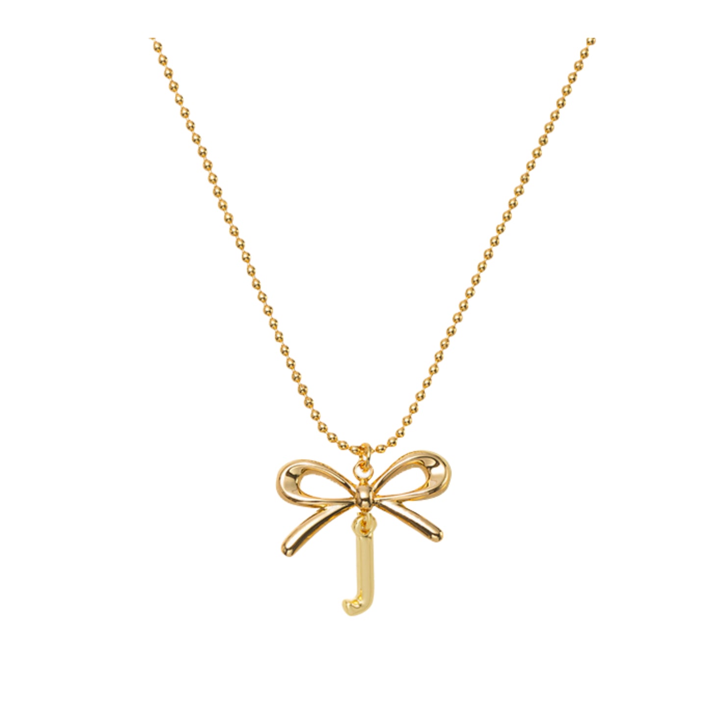 18K Gold Plated Ball Chain Necklace with Gold Bow & Initial "J"