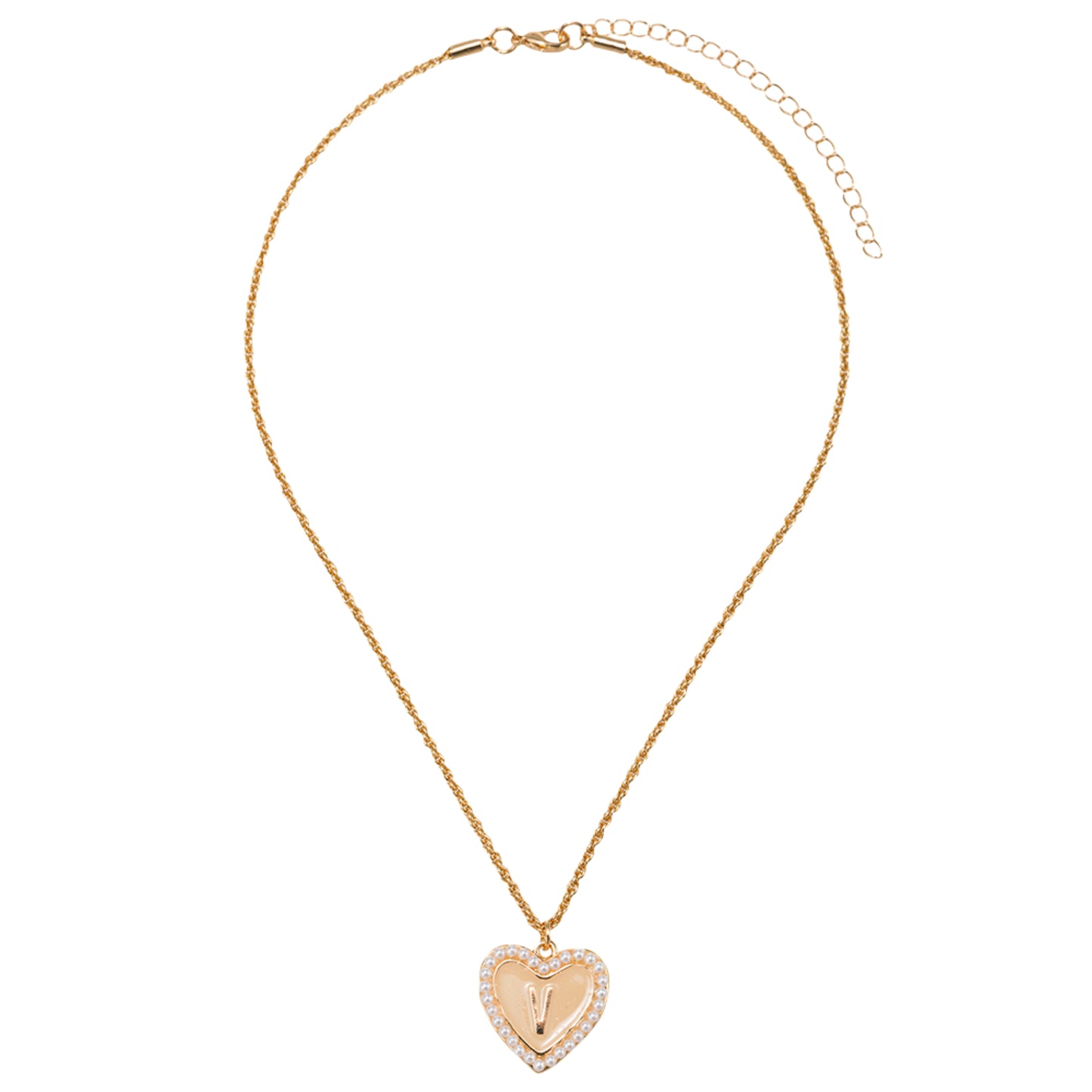 Kids Pearl Edged, Double Sided Heart with One Side Gold Bow, One Side Initial "V" Rope Necklace