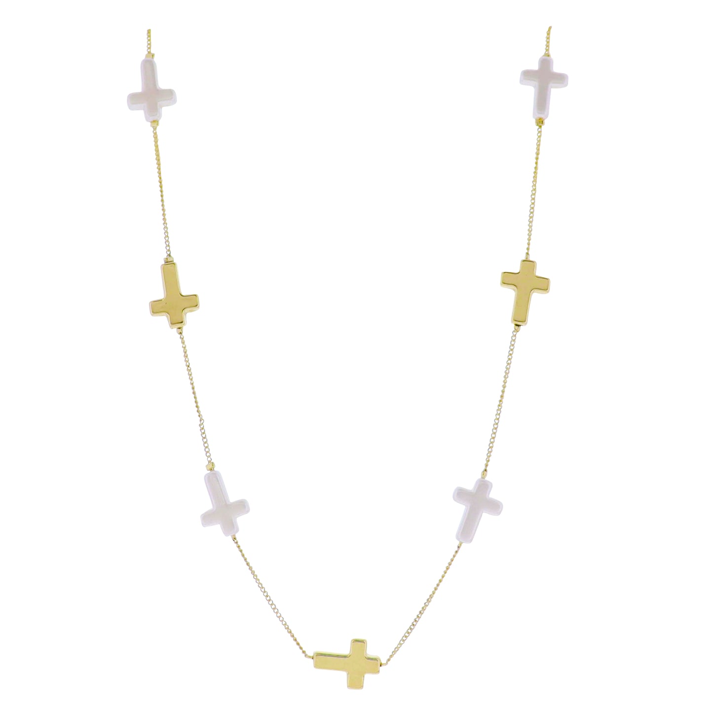 Gold Satellite Chain Necklace with Gold, Pearl Cross Stations