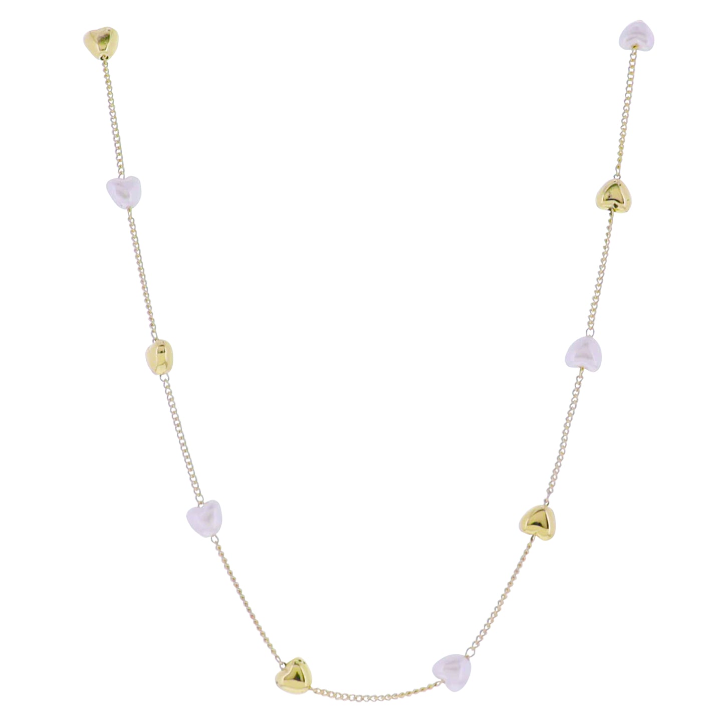Gold Satelite Chain Necklace with Gold, Pearl Heart Stations