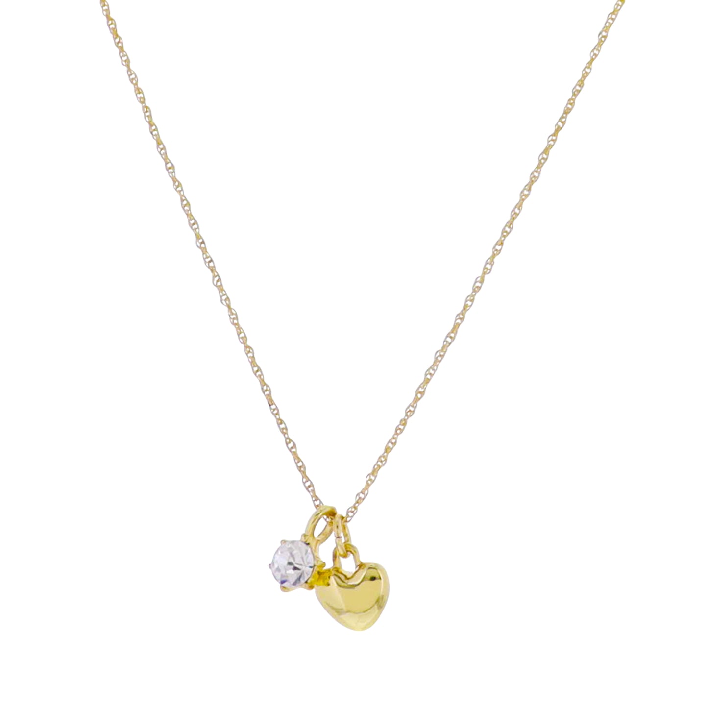 18k Gold Plated Figaro Chain Necklace with Gold, Clear Heart, Crystal Charms