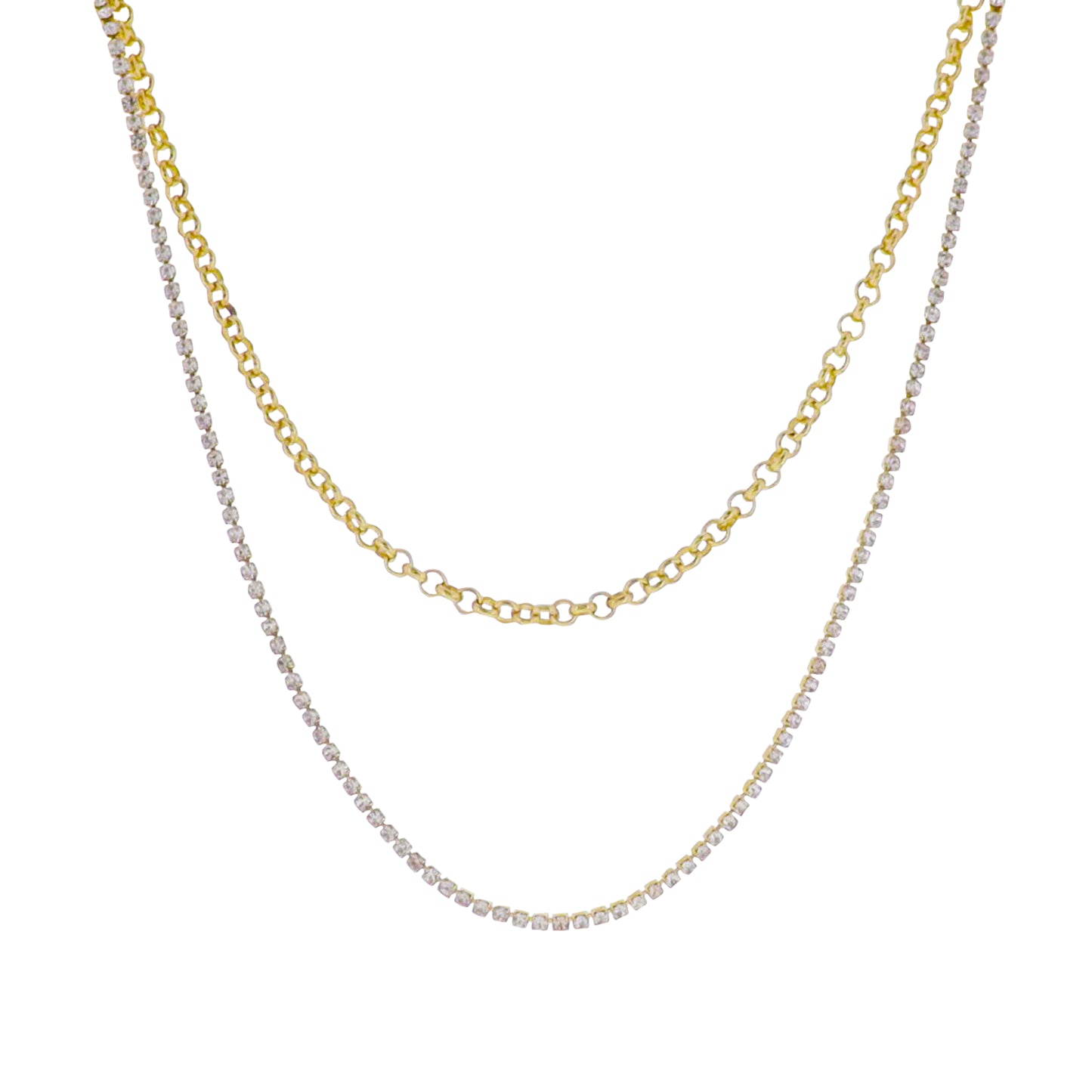 18k Gold Plated Rolo, Stone Chain 2 Layer Necklace